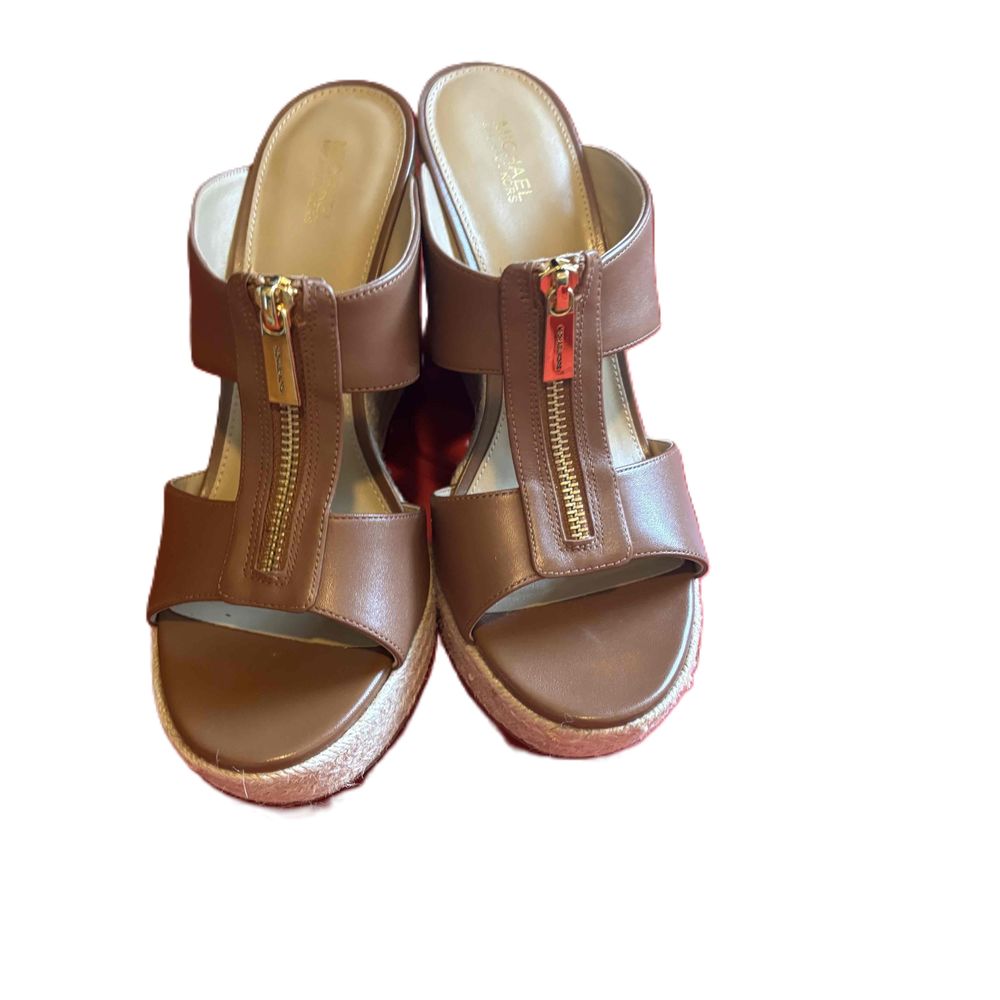 Michael Kors Brown Zipper Open Toe Chunky Heel Wedge Sandals Size 9.5